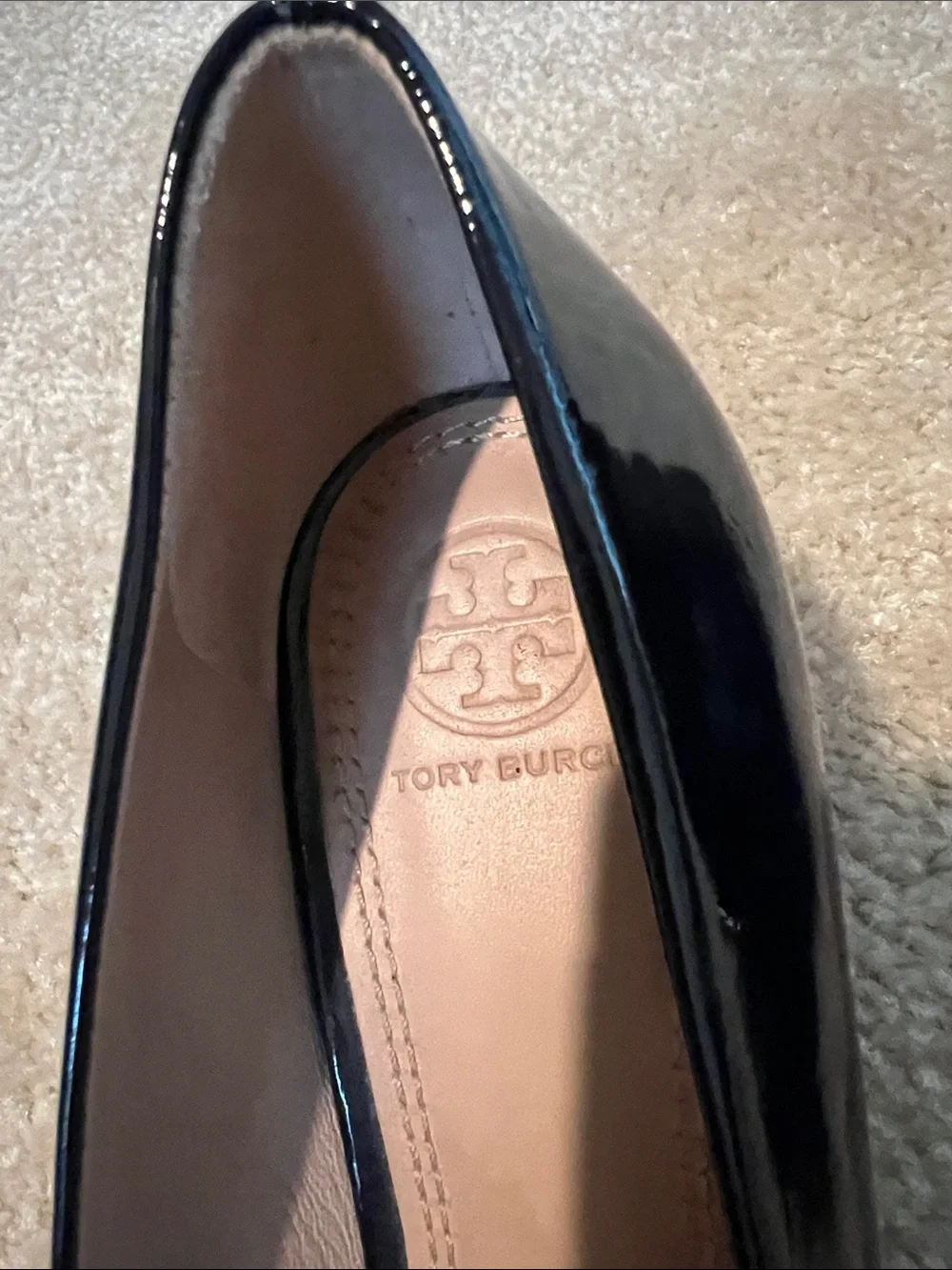 Tory Burch Black Patent Peep-Toe Wedge Flats